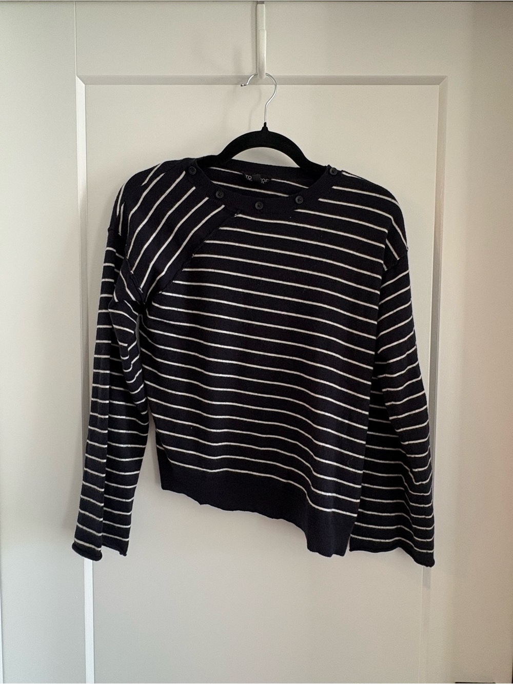 Topshop Navy and White Striped Button-Shoulder Sweater
